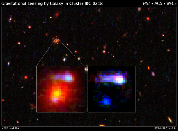 The farthest cosmic lens yet found, a massive elliptical galaxy, is shown in the inset image at left. The galaxy existed 9.6 billion years ago and belongs to the galaxy cluster, IRC 0218. Image Credit: NASA and ESA