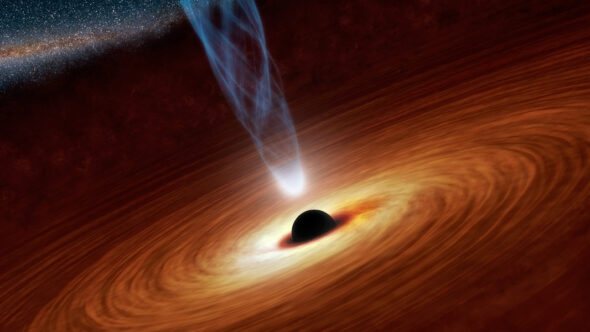 The regions around supermassive black holes shine brightly in X-rays. Some of this radiation comes from a surrounding disk, and most comes from the corona, pictured here as the white light at the base of a jet. This is one possible configuration for a corona -- its actual shape is unclear. Image Credit: NASA/JPL-Caltech