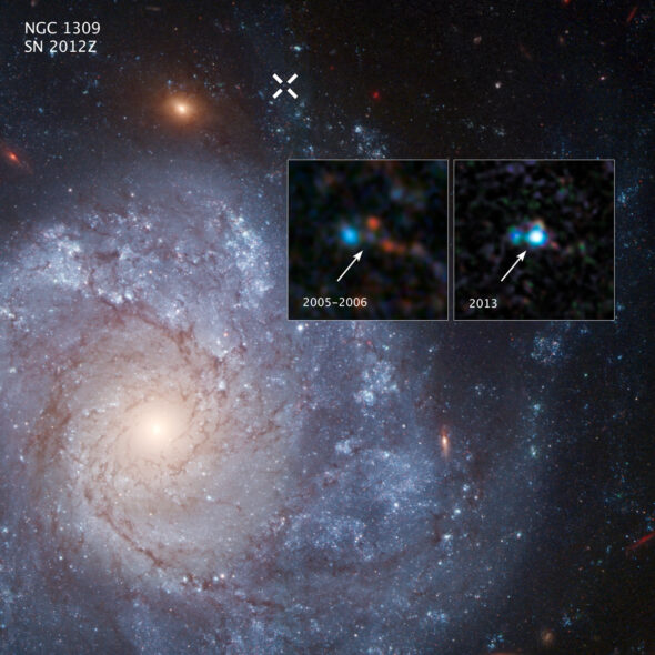 The two inset images show before-and-after images captured by NASA’s Hubble Space Telescope of Supernova 2012Z in the spiral galaxy NGC 1309. The white X at the top of the main image marks the location of the supernova in the galaxy. Image Credit: NASA, ESA