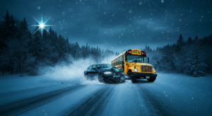 school bus icy snow car crash