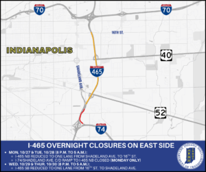 2025.10.27 Overnight lane and ramp closures planned on I 465 on the east side of Indianapolis