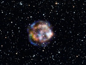 This new view of the historical supernova remnant Cassiopeia A, located 11,000 light-years away, was taken by NASA's Nuclear Spectroscopic Telescope Array, or NuSTAR. Image credit: NASA/JPL-Caltech/DSS 